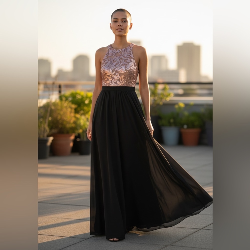 Vtg 90s Tawny Rose Gold Sequin Black Chiffon Maxi Formal Dress  Sz L Prom Party